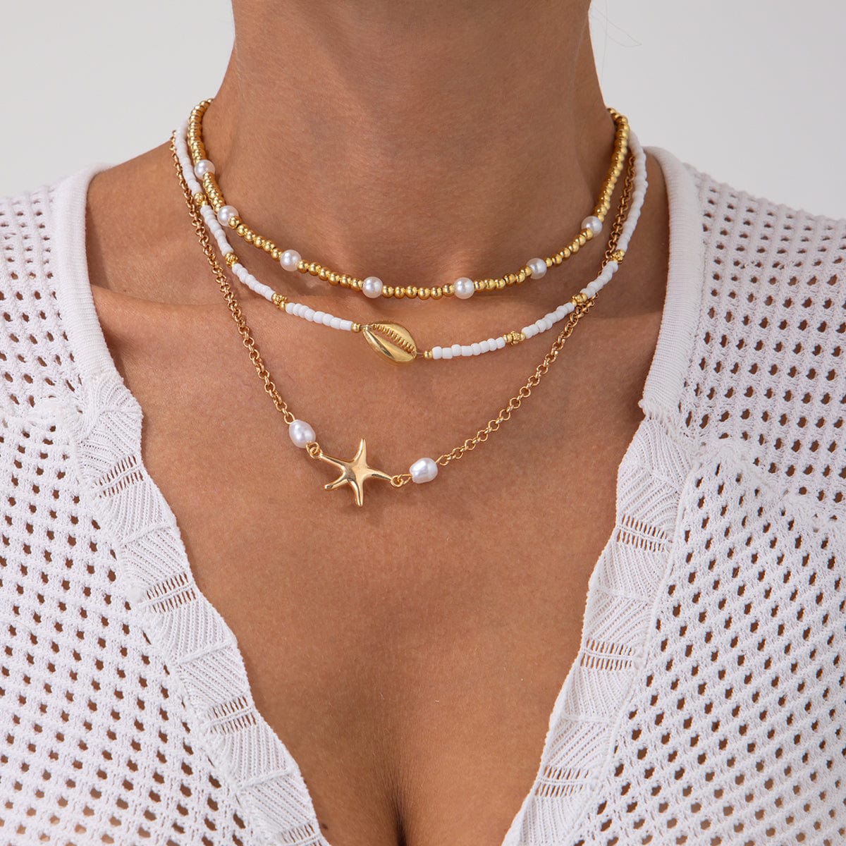3 Pcs Conch Starfish Charm Pearl Seed Beaded Chain Necklace Set - ArtGalleryZen