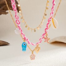 3 pcs Enamel Cherry Blossoms Starfish Conch Pendant Braided Necklace Set - ArtGalleryZen