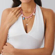 3 pcs Enamel Cherry Blossoms Starfish Conch Pendant Braided Necklace Set - ArtGalleryZen