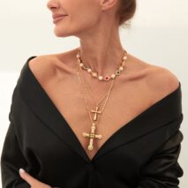 3 Pcs Gold Silver Tone Cross Pendant Pearl Crystal Pearl Chain Necklace Set - ArtGalleryZen
