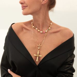 3 Pcs Gold Silver Tone Cross Pendant Pearl Crystal Pearl Chain Necklace Set - ArtGalleryZen