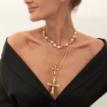 3 Pcs Gold Silver Tone Cross Pendant Pearl Crystal Pearl Chain Necklace Set - ArtGalleryZen