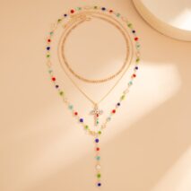 3 Pcs Gold Tone Rhinestone Inlaid Cross Pendant Crystal Chain Y Necklace Set - ArtGalleryZen