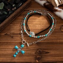 3 Pcs Toggle Clasp Turquoise Inlaid Cross Pendant Ball Chain Velvet Necklace Set - ArtGalleryZen