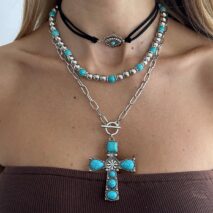 3 Pcs Toggle Clasp Turquoise Inlaid Cross Pendant Ball Chain Velvet Necklace Set - ArtGalleryZen