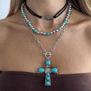 3 Pcs Toggle Clasp Turquoise Inlaid Cross Pendant Ball Chain Velvet Necklace Set - ArtGalleryZen