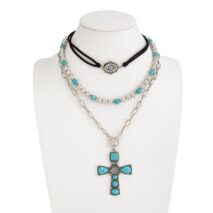 3 Pcs Toggle Clasp Turquoise Inlaid Cross Pendant Ball Chain Velvet Necklace Set - ArtGalleryZen