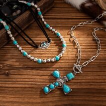 3 Pcs Toggle Clasp Turquoise Inlaid Cross Pendant Ball Chain Velvet Necklace Set - ArtGalleryZen