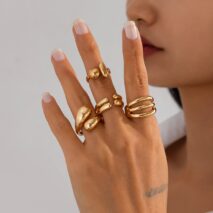 4 Pcs Gold Silver Tone Asymmetric Hollow Pattern Open Ring Set - ArtGalleryZen