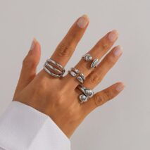 4 Pcs Gold Silver Tone Asymmetric Hollow Pattern Open Ring Set - ArtGalleryZen