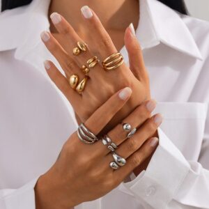 4 Pcs Gold Silver Tone Asymmetric Hollow Pattern Open Ring Set - ArtGalleryZen