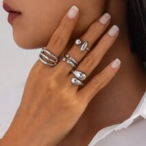 4 Pcs Gold Silver Tone Asymmetric Hollow Pattern Open Ring Set - ArtGalleryZen