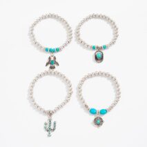 4 Pcs Hippie Turquoise Inlaid Eagle Cactus Charm Ball chain Bracelet Set - ArtGalleryZen