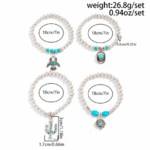 4 Pcs Hippie Turquoise Inlaid Eagle Cactus Charm Ball chain Bracelet Set - ArtGalleryZen