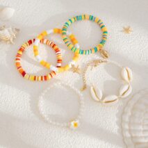 5 Pcs Boho Flower Starfish Conch Charm Polymer Clay Beaded Bracelet Set - ArtGalleryZen