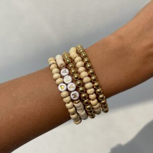 5 Pcs Heart Letter Polymer Clay Wood Beaded Mother's Day Bracelet Set - ArtGalleryZen