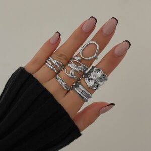 6 Pcs Geometric Pleated Hollow Pattern Stackable Ring Set - ArtGalleryZen