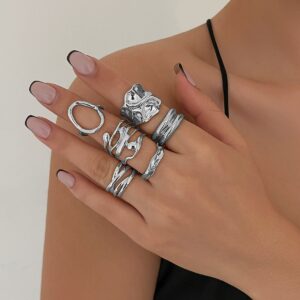6 Pcs Geometric Pleated Hollow Pattern Stackable Ring Set - ArtGalleryZen