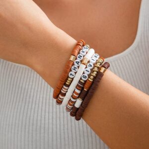6 Pcs Thanksgiving Themed Polymer Clay Letter Beaded Stackable Bracelet Set - ArtGalleryZen