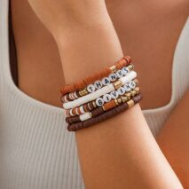 6 Pcs Thanksgiving Themed Polymer Clay Letter Beaded Stackable Bracelet Set - ArtGalleryZen