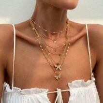 7 Pcs Rhinestone Inlaid Butterfly Star Sequin Tassel Pearl Chain Necklace Set - ArtGalleryZen