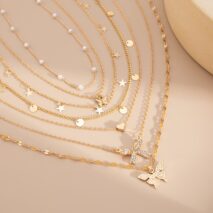7 Pcs Rhinestone Inlaid Butterfly Star Sequin Tassel Pearl Chain Necklace Set - ArtGalleryZen