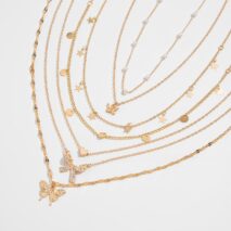 7 Pcs Rhinestone Inlaid Butterfly Star Sequin Tassel Pearl Chain Necklace Set - ArtGalleryZen