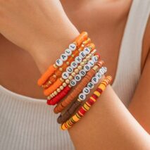 8 Pcs Thanksgiving Theme Crystal Letter Polymer Clay Beaded Stackable Bracelet Set - ArtGalleryZen