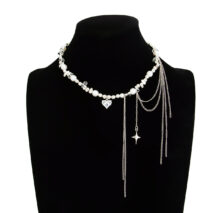 Chic Rhinestone Heart Pendant Pearl Irregular Beaded Chain Tassel Necklace - Image 6
