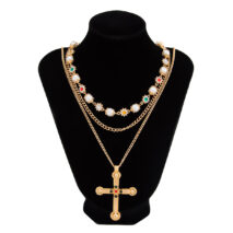 Chic Gold Silver Tone Cross Pendant Pearl Rhinestone Chain Necklace Set - Image 6