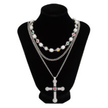Chic Gold Silver Tone Cross Pendant Pearl Rhinestone Chain Necklace Set - Image 8