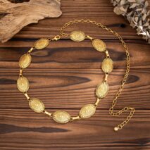Antique Gold Silver Tone Carved Oval Disk Waist Chain - ArtGalleryZen