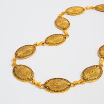 Antique Gold Silver Tone Carved Oval Disk Waist Chain - ArtGalleryZen