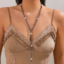 Antique Silver Pearl Beaded Long Chain Y Necklace - ArtGalleryZen