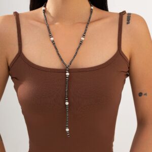 Antique Silver Pearl Beaded Long Chain Y Necklace - ArtGalleryZen