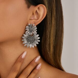 Antique Silver Sunflower Dangle Earrings - ArtGalleryZen