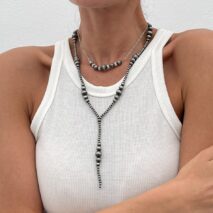 Antique Silver Tone Layered Beaded Chain Y Necklace Set - ArtGalleryZen