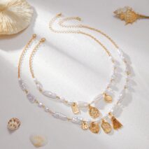 Baroque 2pcs Heart Disk Pendant Irregular Pearl Chain Necklace Set - ArtGalleryZen