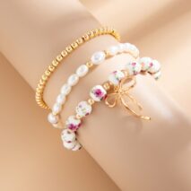 Baroque 3pcs Bowknot Pendant Pearl Floral Acrylic Beaded Bracelet Set - ArtGalleryZen