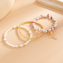 Baroque 3pcs Bowknot Pendant Pearl Floral Acrylic Beaded Bracelet Set - ArtGalleryZen