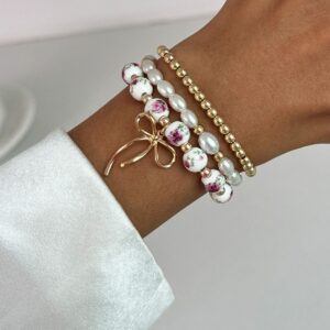 Baroque 3pcs Bowknot Pendant Pearl Floral Acrylic Beaded Bracelet Set - ArtGalleryZen