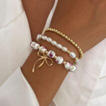 Baroque 3pcs Bowknot Pendant Pearl Floral Acrylic Beaded Bracelet Set - ArtGalleryZen