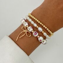 Baroque 3pcs Bowknot Pendant Pearl Floral Acrylic Beaded Bracelet Set - ArtGalleryZen