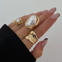 Baroque 3pcs Irregular Pearl Inlaid Pleated Ring Set - ArtGalleryZen
