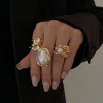 Baroque 3pcs Irregular Pearl Inlaid Pleated Ring Set - ArtGalleryZen