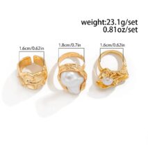 Baroque 3pcs Irregular Pearl Inlaid Pleated Ring Set - ArtGalleryZen