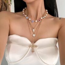 Baroque 4pcs Rhinestone Inlaid Heart Cross Pendant Pearl Chain Necklace Set - ArtGalleryZen