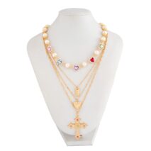 Baroque 4pcs Rhinestone Inlaid Heart Cross Pendant Pearl Chain Necklace Set - ArtGalleryZen
