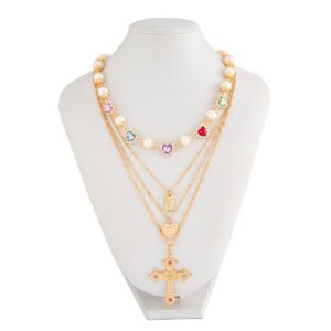 Baroque 4pcs Rhinestone Inlaid Heart Cross Pendant Pearl Chain Necklace Set - ArtGalleryZen