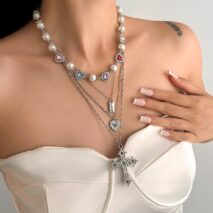 Baroque 4pcs Rhinestone Inlaid Heart Cross Pendant Pearl Chain Necklace Set - ArtGalleryZen